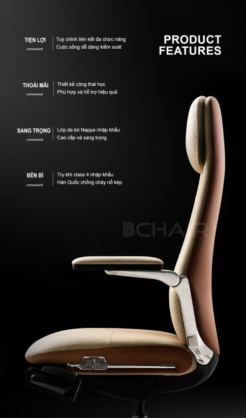 Ghế lãnh đạo da bò Nappa cao cấp B-007AF-35L màu vàng be - Ảnh 3