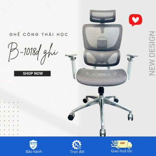 Ghế công thái học B-1018D màu ghi tựa tay 5D, khung và chân nhôm đúc nguyên khối