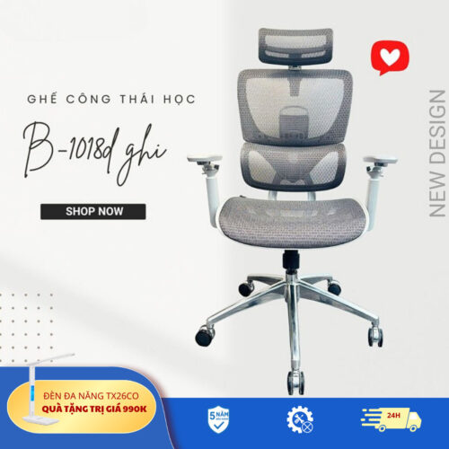 Ghế công thái học BC-1018V1 màu ghi tựa tay 5D, khung và chân nhôm đúc nguyên khối
