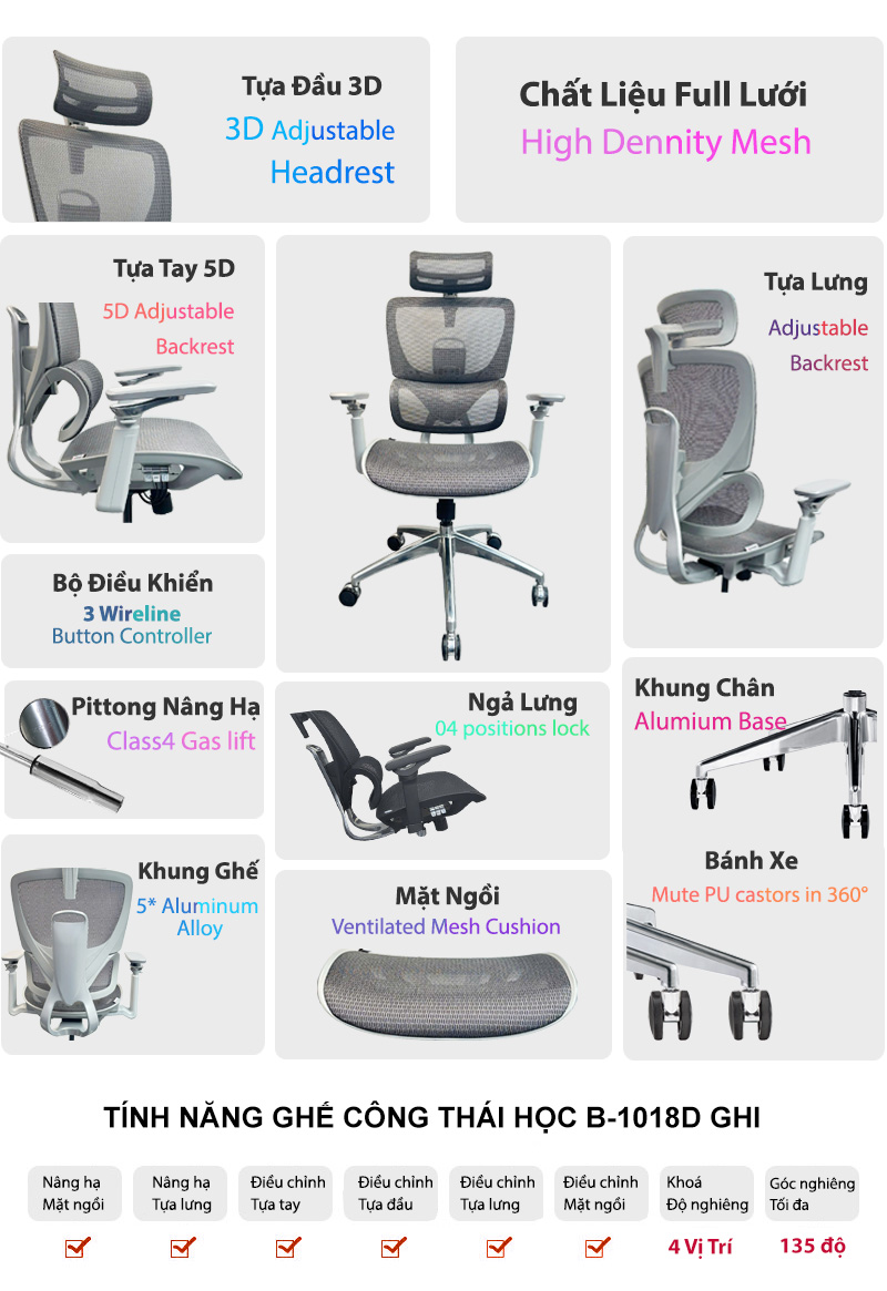 Chức Năng Ghế Công Thái Học B 1018D Màu Ghi
