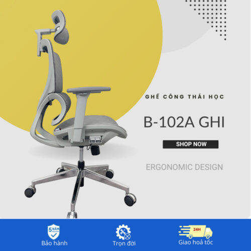 Ghế công thái học Ergonomic B-102A chân kim loại mạ crom