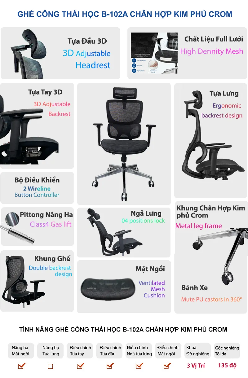 Ghế công thái học Ergonomic B-102A chân kim loại mạ crom 8 Những Chức Năng B 102A