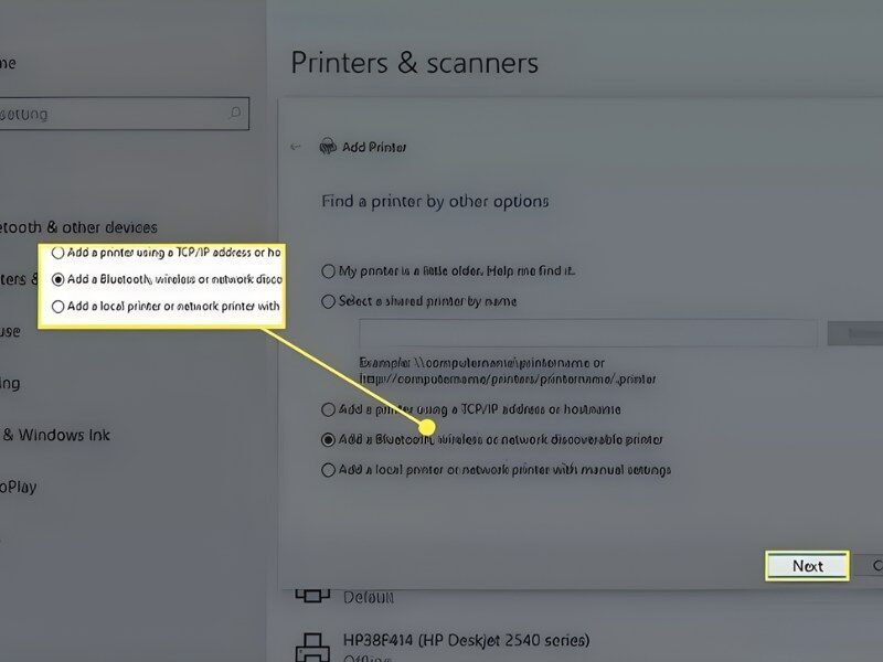 Chọn Add a Bluetooth, wireless or network discoverable printer 