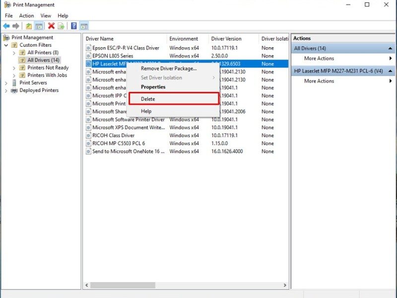 Tìm driver của máy in đang được cài đặt, nhấp chuột phải và chọn Delete