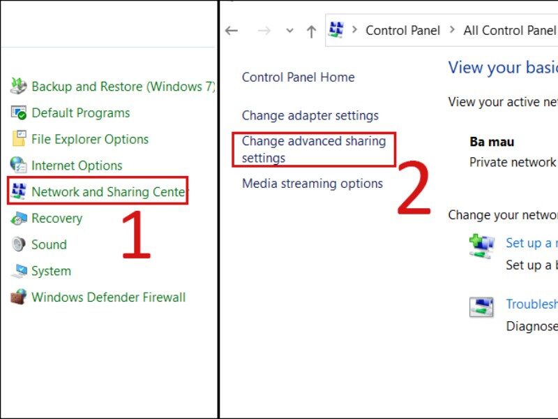 Nhấn Change advanced sharing settings để cài đặt máy in 