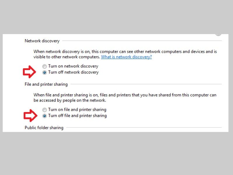 Chọn Turn Off File And Printer Sharing trong mục Turn Off Network Discovery