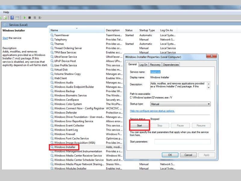Chọn Windows Installer Service để khởi động lại 