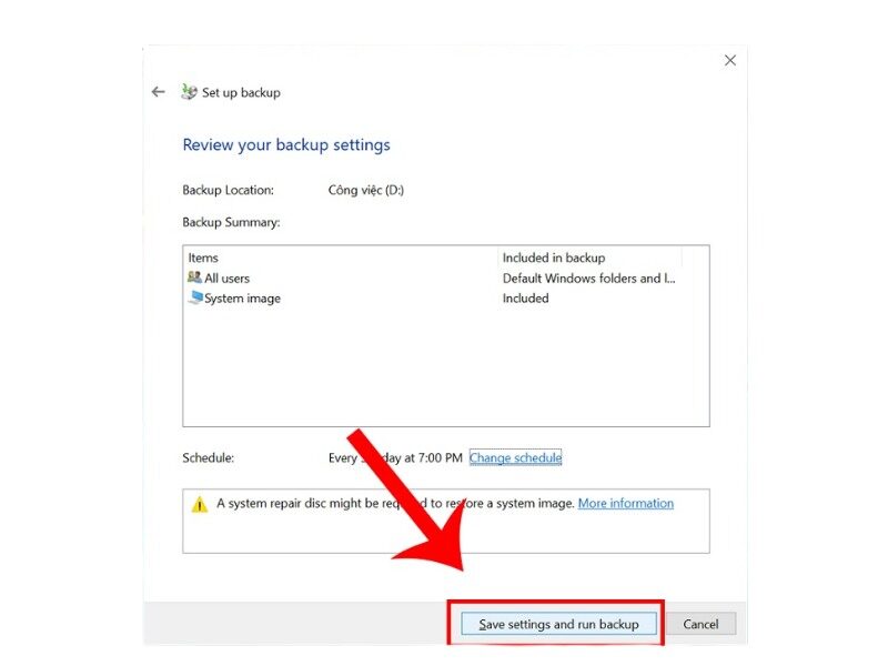 Chọn Save settings and run Backup