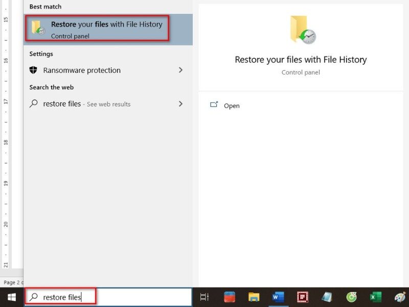 Nhập từ khóa Restore files vào ô tìm kiếm