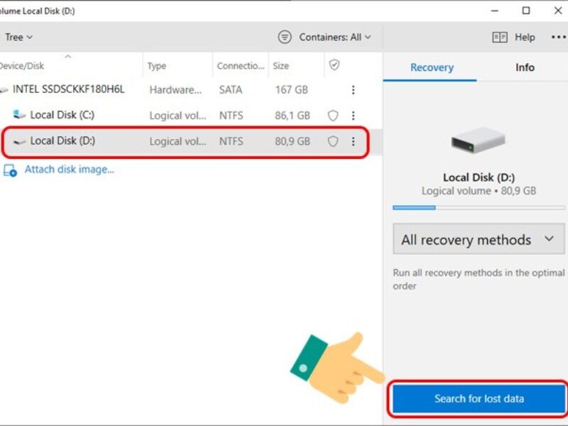 Chọn ổ đĩa nơi file bị xóa và nhấn Search for lost data