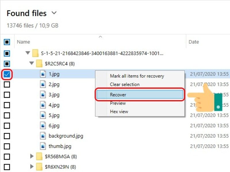 Tìm và tích chọn các file muốn khôi phục