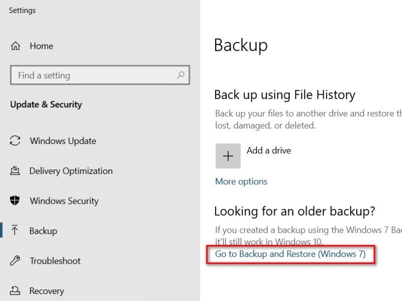 Chọn Go to Backup and Restore (Windows 7)