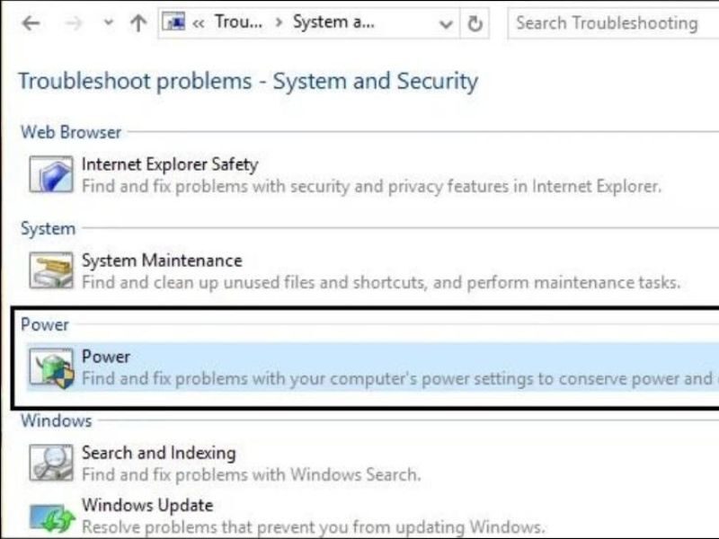 Chọn Power để khởi chạy trình gỡ rối liên quan đến nguồn