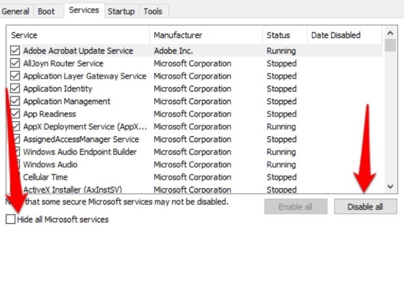 Chọn Hide all Microsoft services, sau đó nhấn Disable all