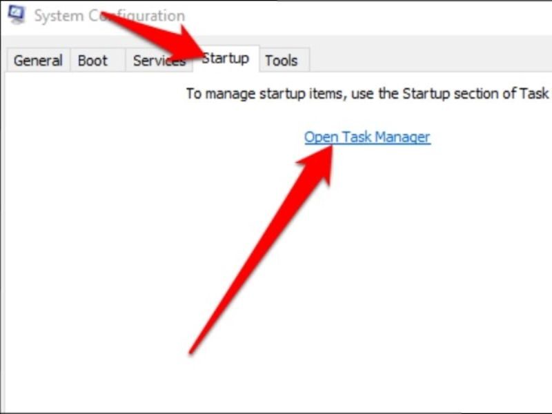 Trên tab Startup của System Configuration, chọn Open Task Manager