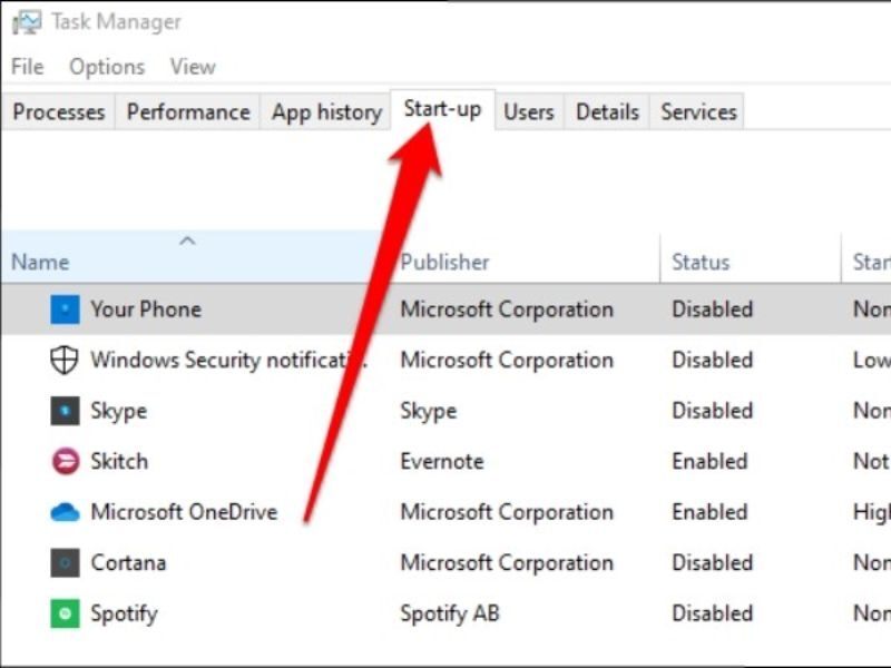 Trong Task Manager → Startup, chọn từng mục khởi động