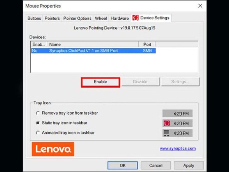 Sau đó bạn chọn Enable cho Touchpad hiển thị 