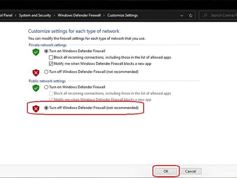 Chọn  Turn off Windows Defender Firewall để tắt tường lửa