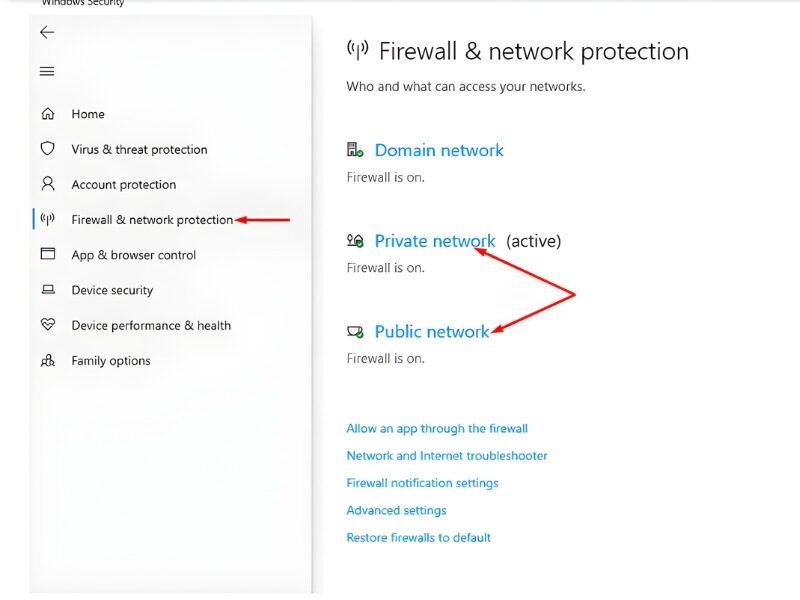 Chọn Firewall & Network Protection và tiếp tục chọn Private Network hoặc Public Network