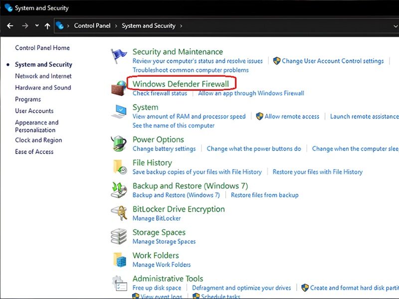 Click vào Windows Defender Firewall 