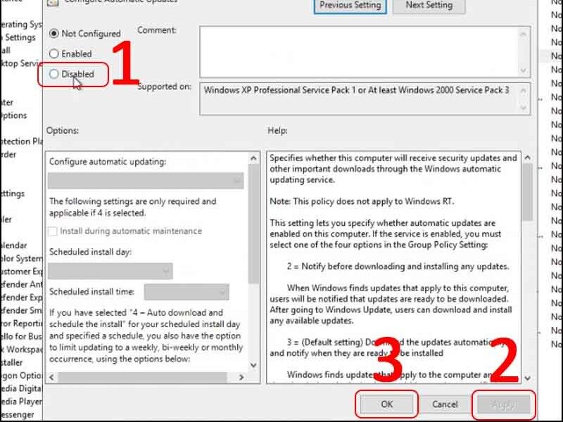 Chọn Disabled tại mục tự động cập nhật