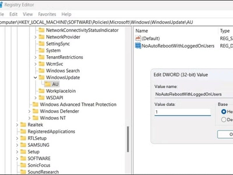 Chỉnh sửa Registry để ngừng khởi động lại tự động
