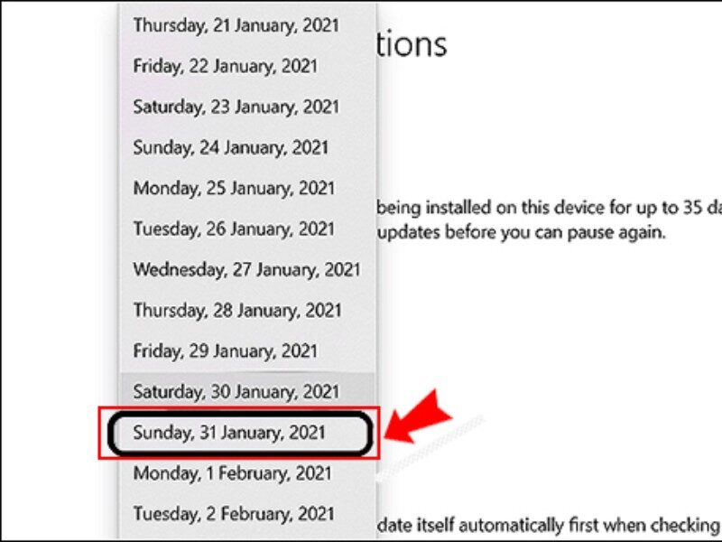 Chọn ngày muốn tạm dừng cập nhật