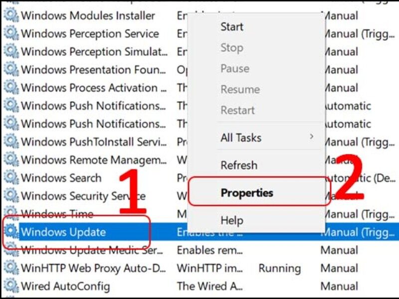 Nhấn chuột phải vào Windows Update và chọn Properties