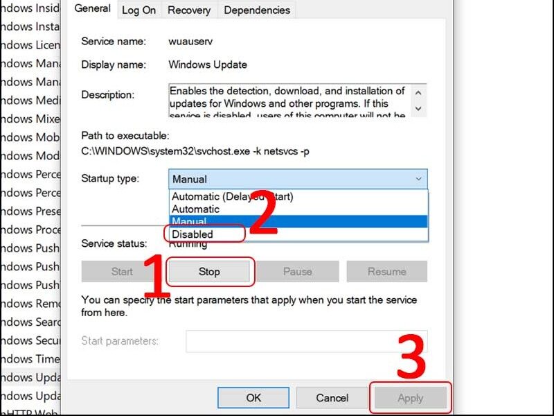Nhấn Stop để dừng dịch vụ