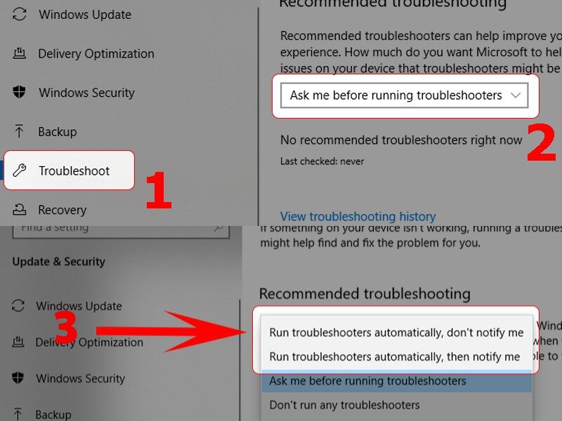 Chọn vào khung Ask me before running troubleshooters tại mục Recommended troubleshooting