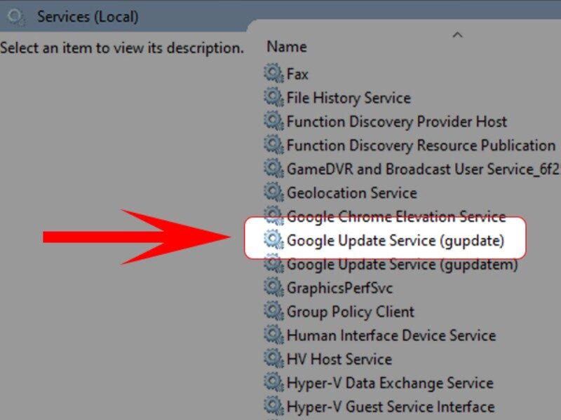 Chọn mục Google Update Service
