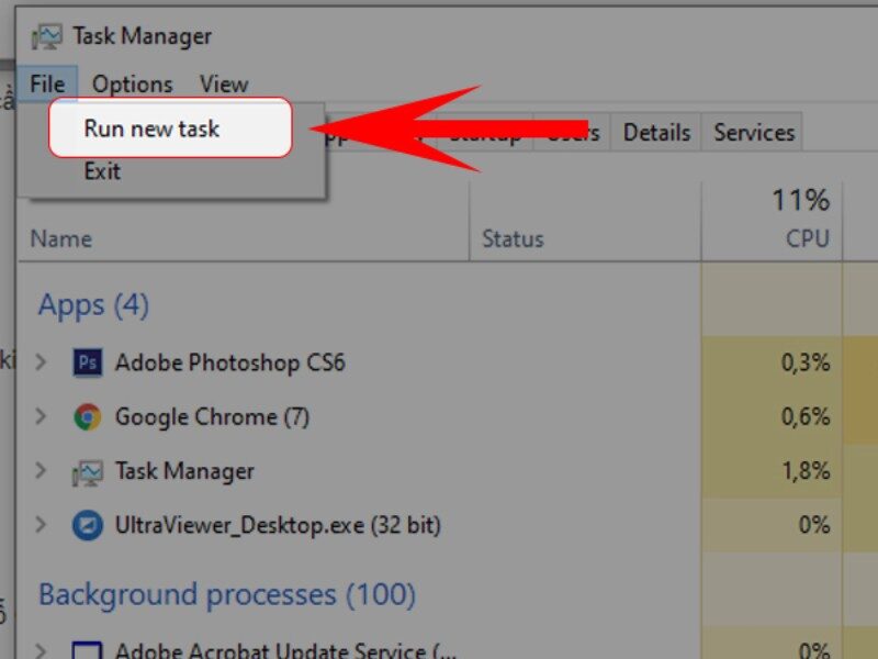 Trong cửa sổ Task Manager, chọn File - chọn Run new task.